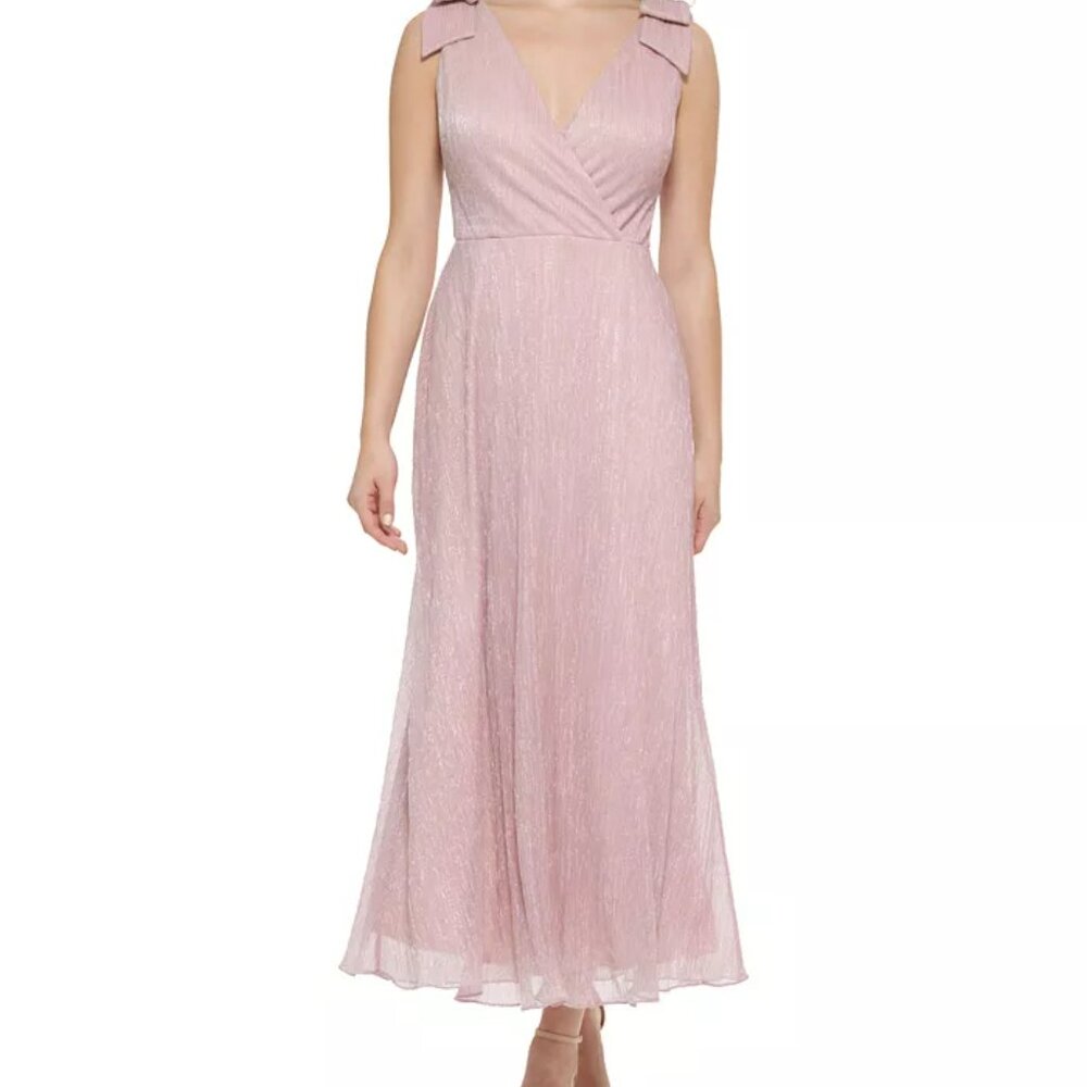 NWT Kensie Womens Pink Bow Accent Surplice Metallic Maxi Dress SIZE 6